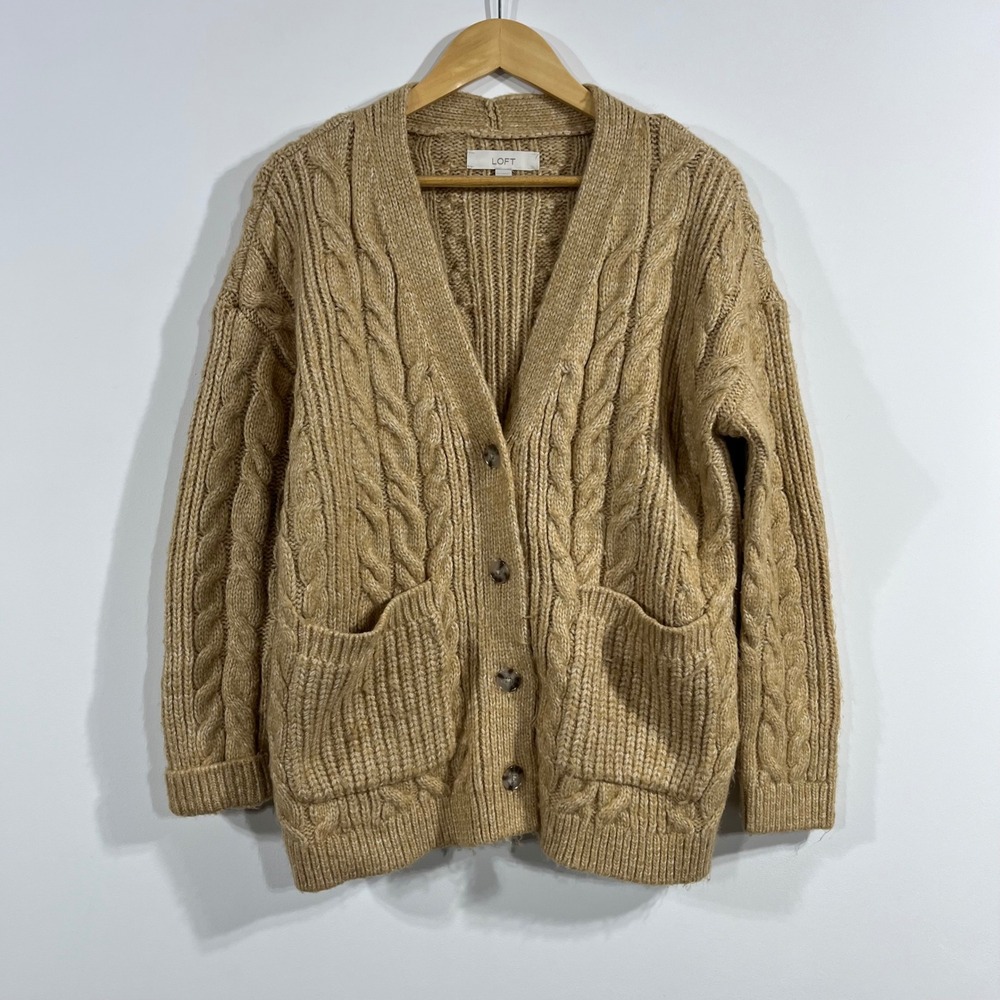LOFT Fisherman Preppy Cable Knit Old Money Cardigan Sweater Camel Womens Small